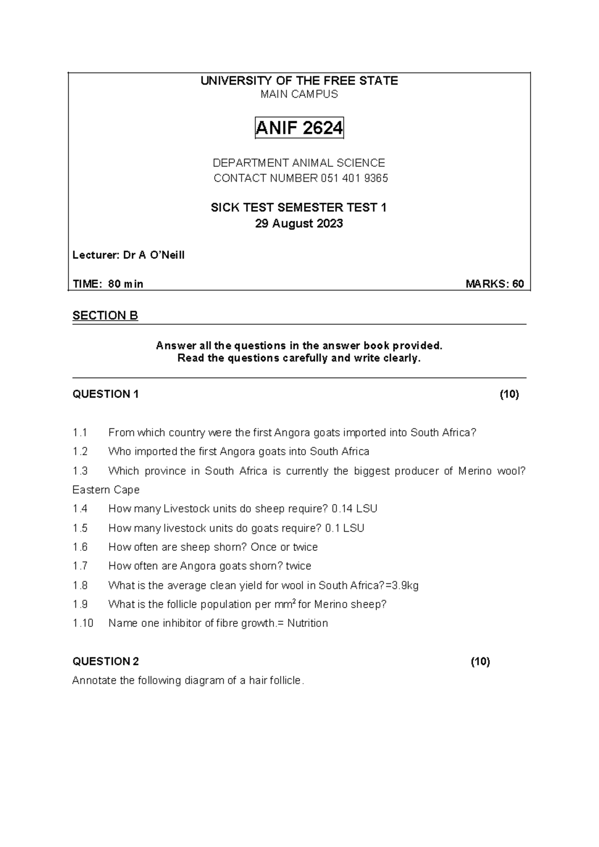 ANIF 2624 Semester Test 1: Animal Science Insights 2023 - Studocu