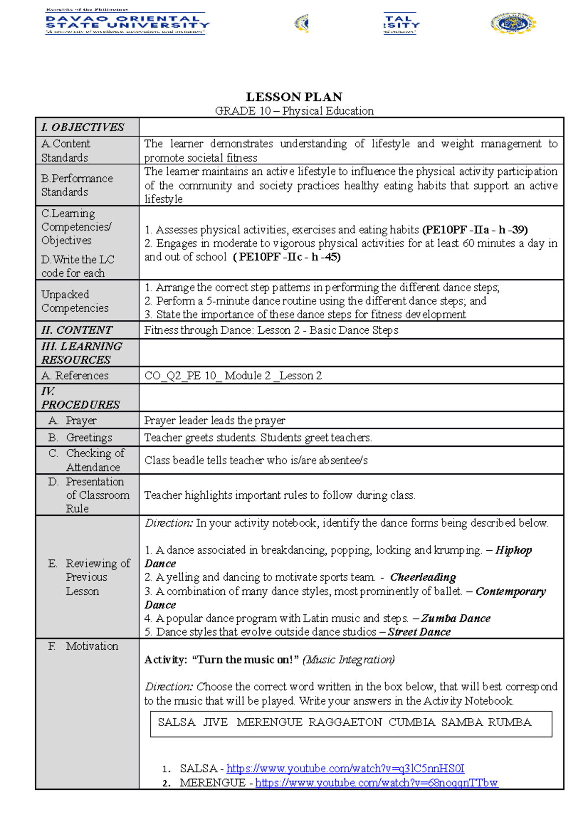 FS LP 2 - Grade 10 PE Lesson Plan on Fitness through Dance - Studocu