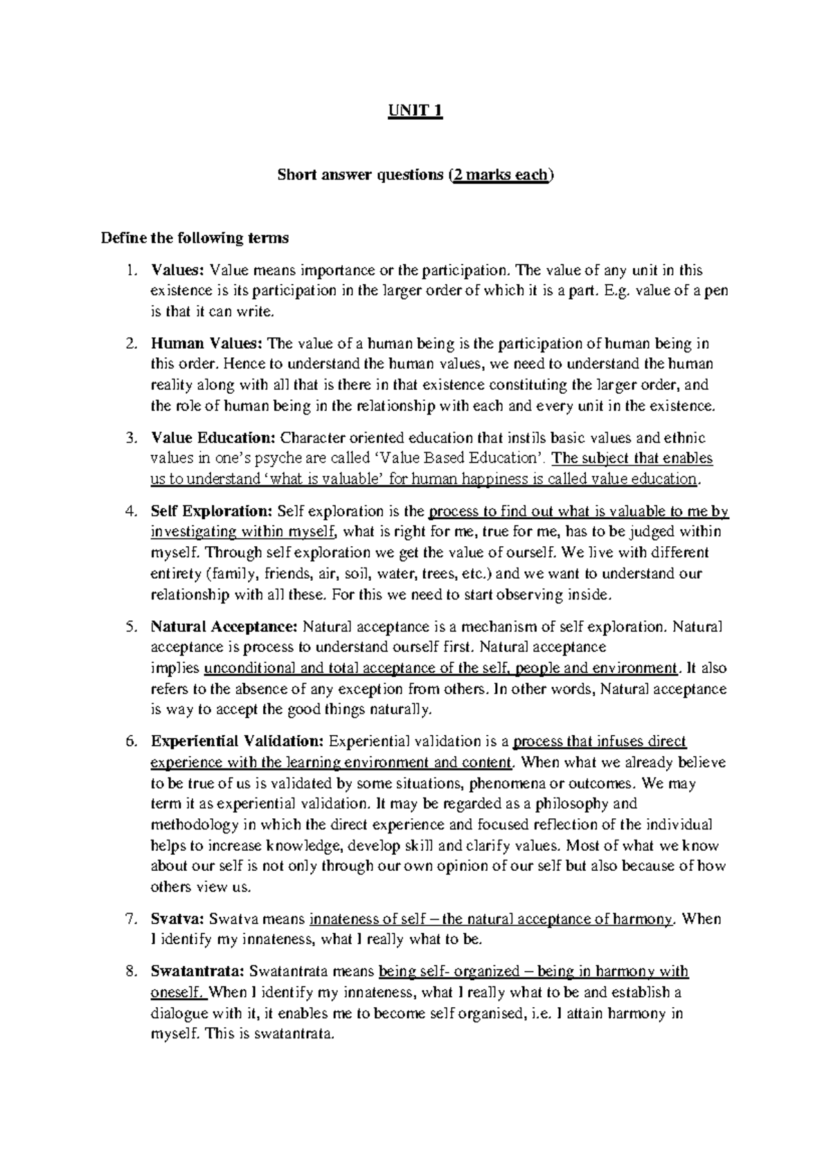 UHV - Unit 1 Key Concepts and Questions for AKTU Exam Preparation - Studocu