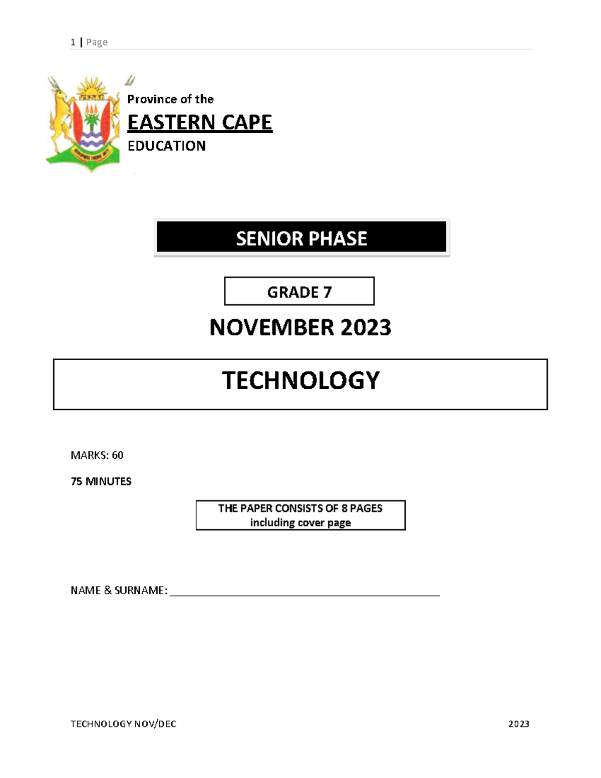 Grade 7 Tech Final Exam Paper 2023 - Eastern Cape - Studocu