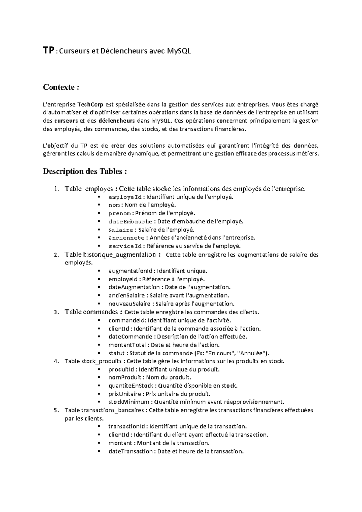 TP2 GD : Curseurs et Déclencheurs MySQL pour Gestion d'Entreprise - Studocu