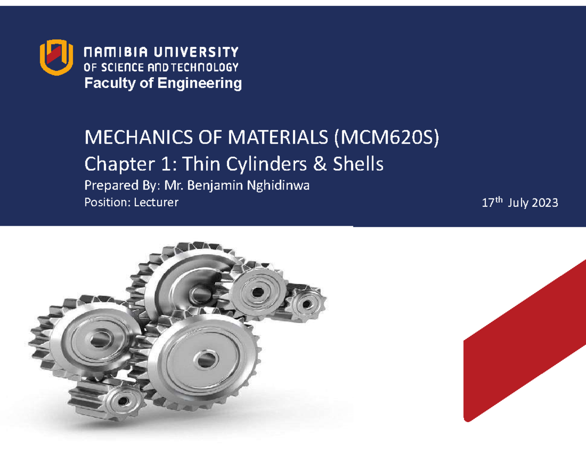 Chapter 1 - Mechanics of Materials (MCM620S): Thin Cylinders & Shells ...