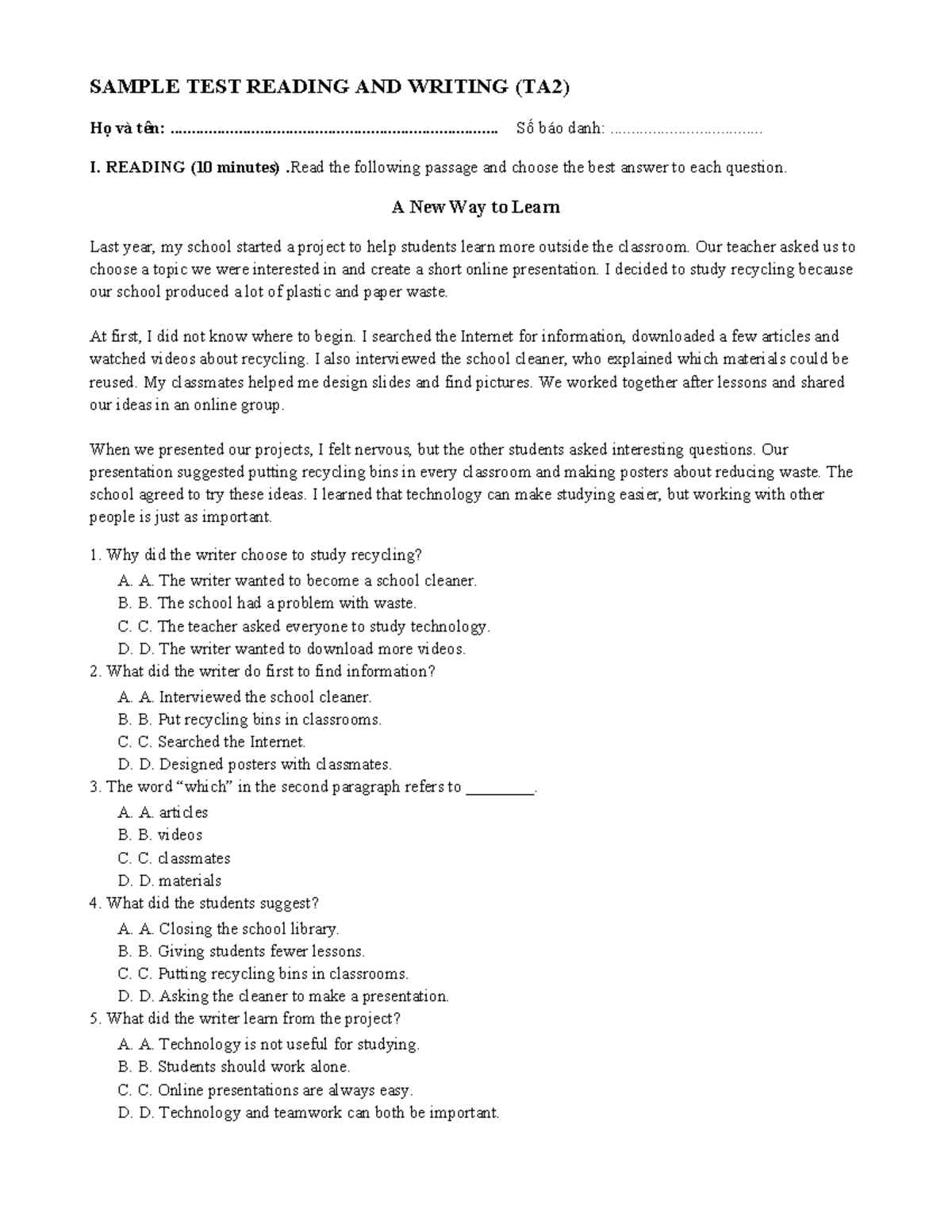 Sample Reading and Writing Test (TA2) - Studocu