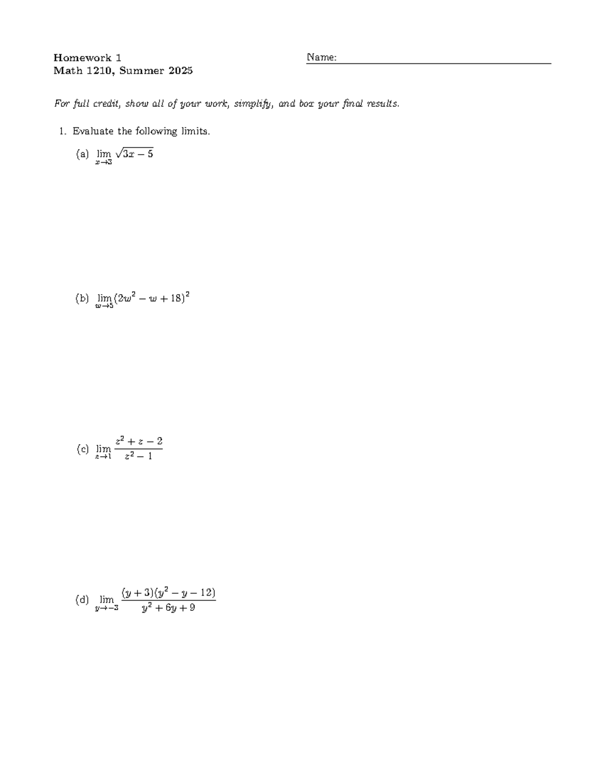 Math 1210 Homework 1 - Limits and Asymptotes, Summer 2025 - Studocu