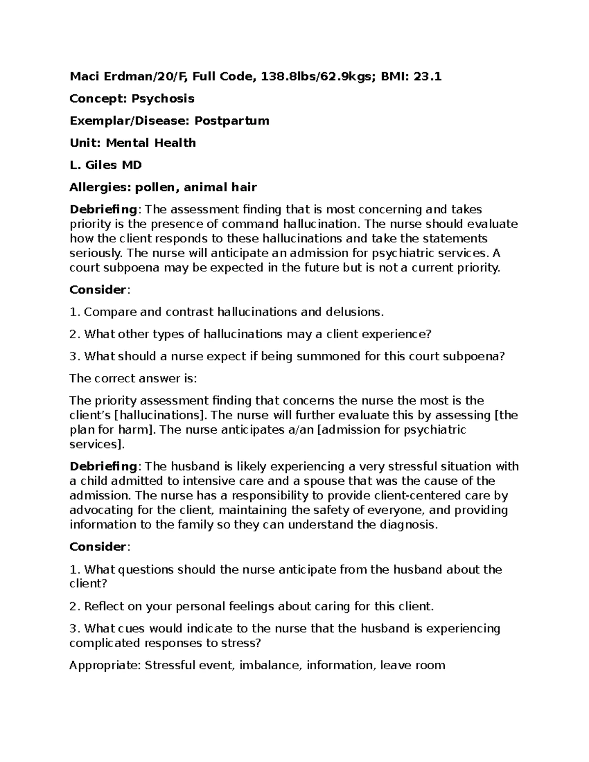 NR 326 CJ Sims Daylen C Mental Health Assessment Notes - Studocu