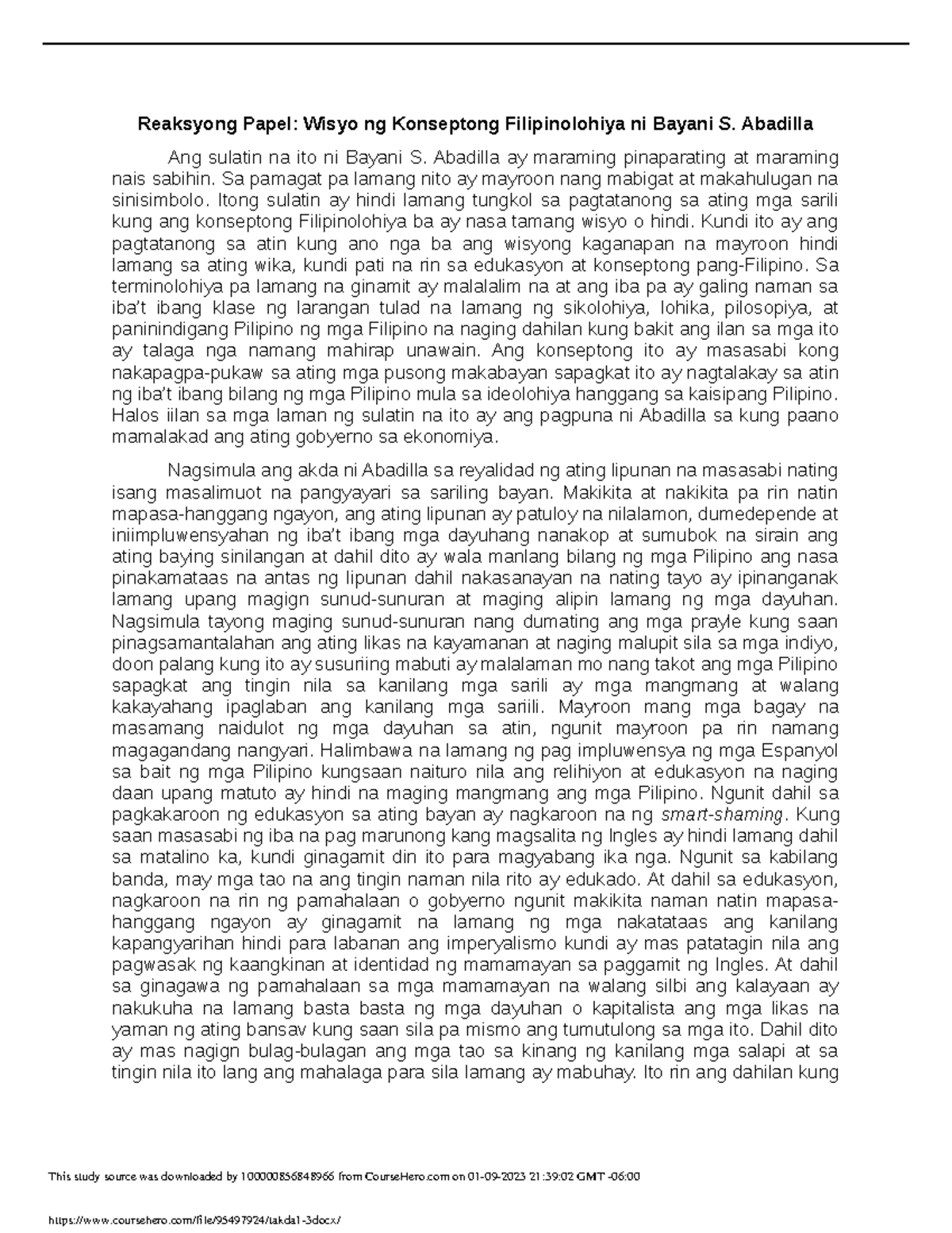 Takda 1 3 - notes - Reaksyong Papel: Wisyo ng Konseptong Filipinolohiya ...