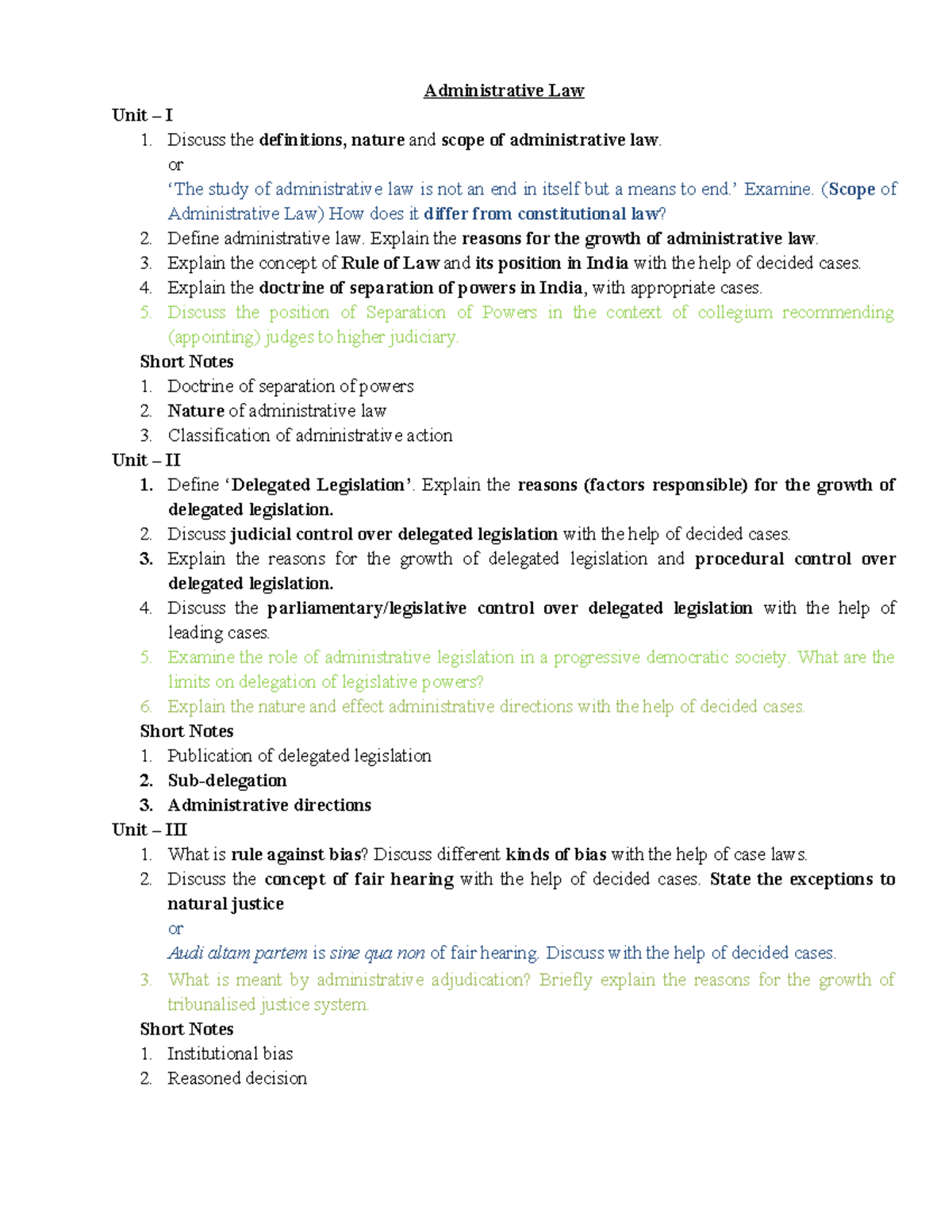 Administrative Law Unit I & II: Key Concepts and Case Studies - Studocu