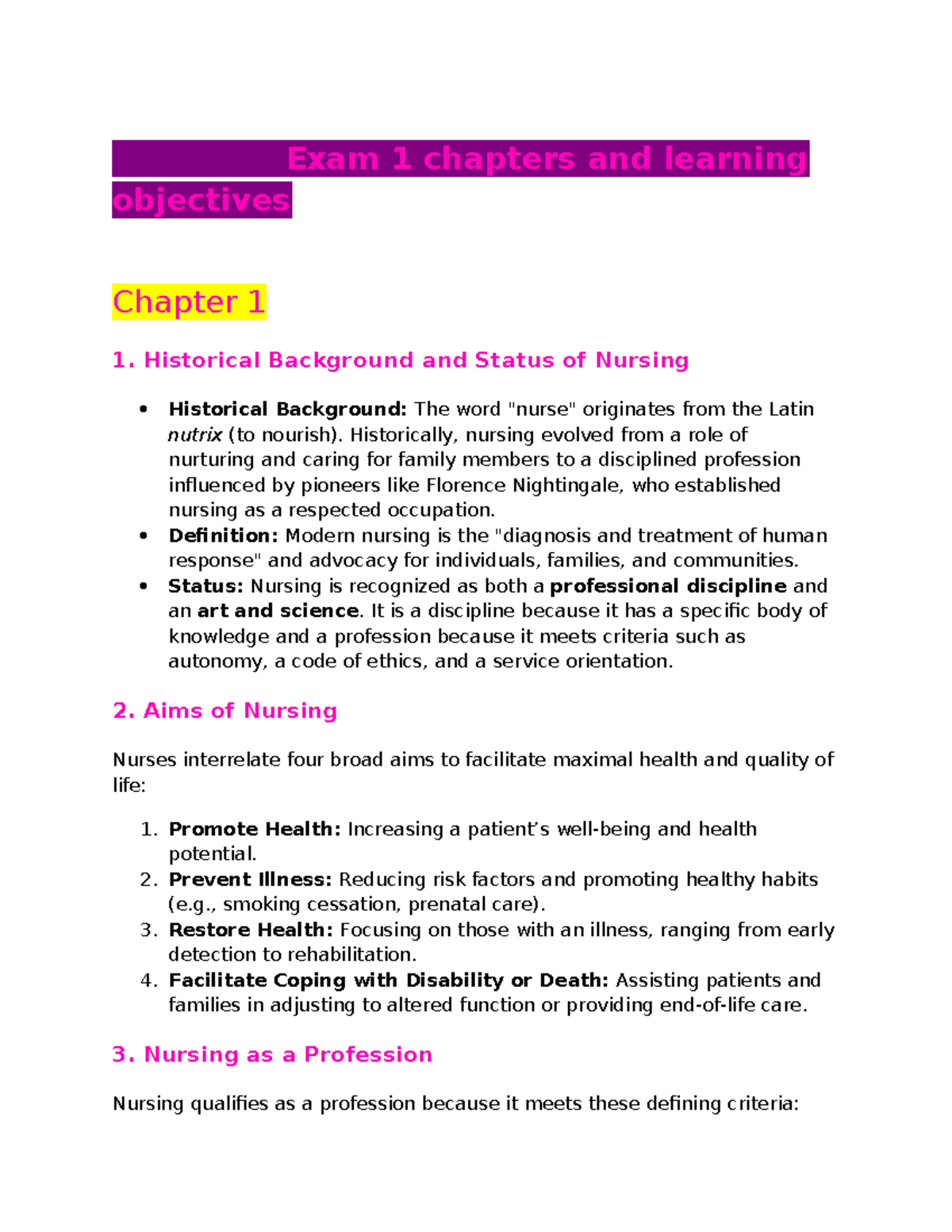 Exam 1 Learning Objectives: Nursing History, Aims, and Professional ...