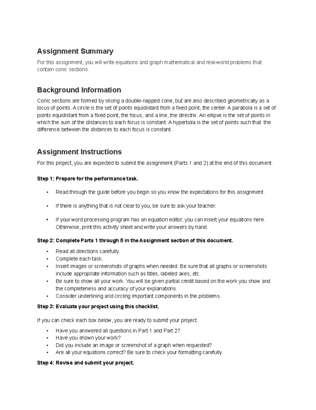 Performance Task - Graphing Conic Sections - Student Guide - Assignment ...