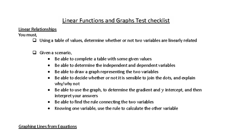 Linear Functions & Graphs Test Checklist (MATH 101) - Studocu
