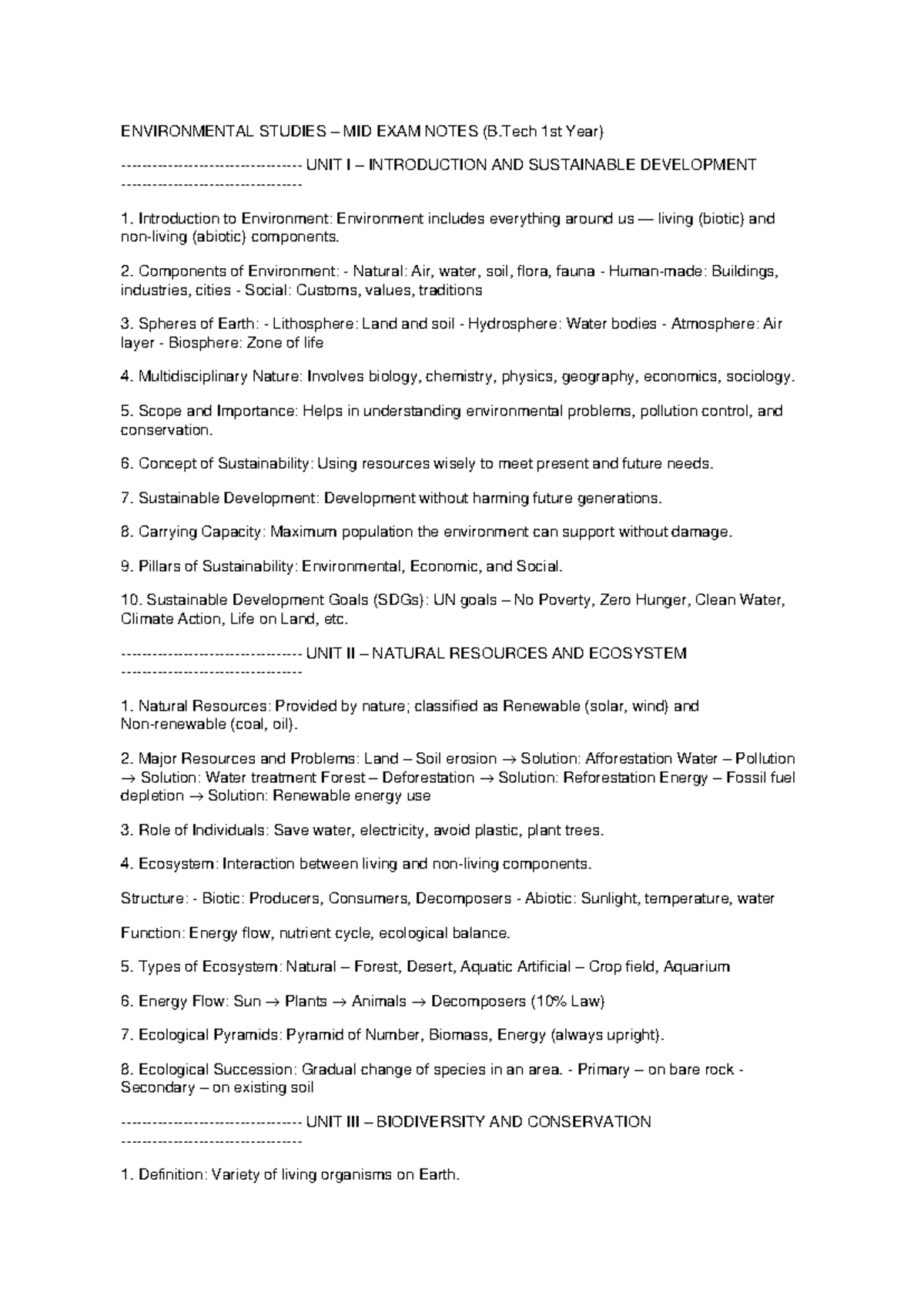 ENVIRONMENTAL STUDIES MID EXAM NOTES (B.Tech 1st Year) - Studocu