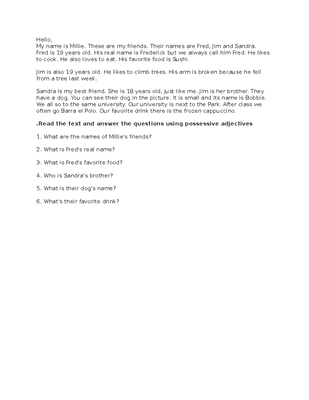 Possessive Adjectives Exercise: Class Activity and Questions - Studocu