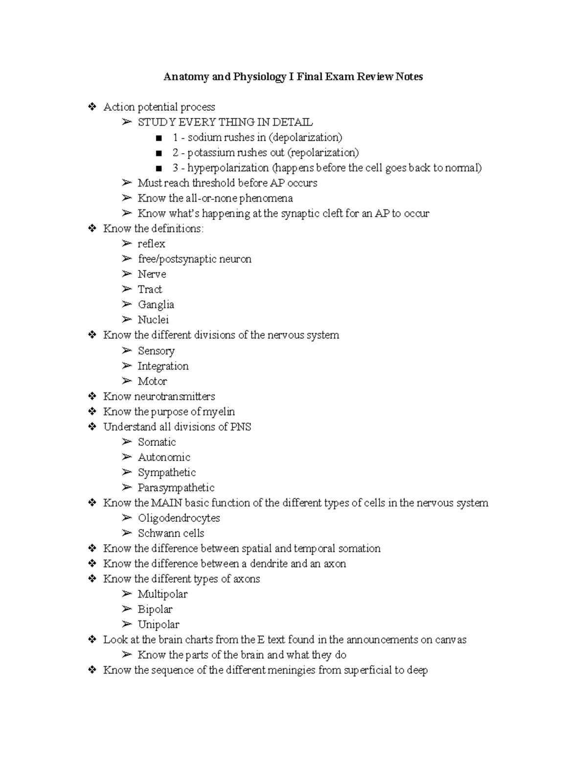 Anatomy and Physiology I Final Exam Review Notes - Studocu