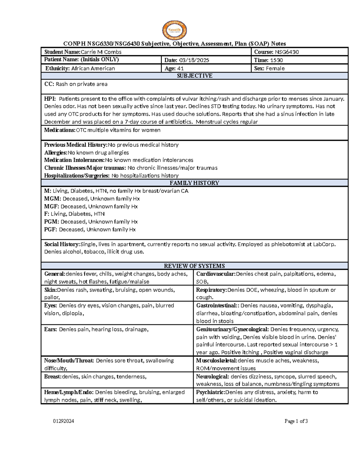 NSG6430 Week 1 SOAP Notes: Patient Assessment & Plan - Studocu
