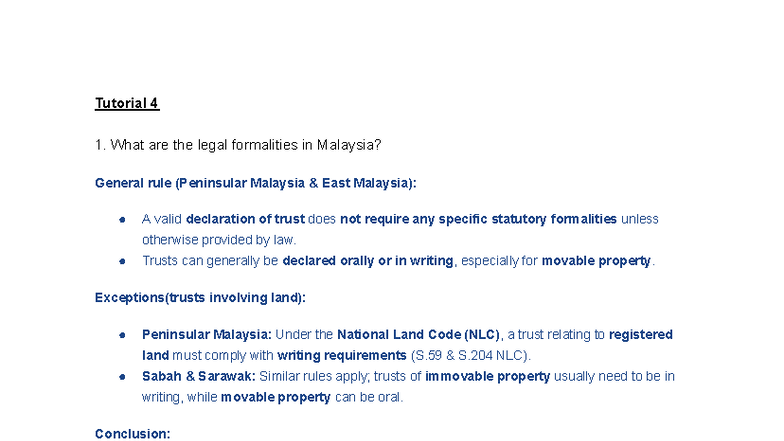 Equity Tutorial 4: Legal Formalities and Trust Constitution in Malaysia ...