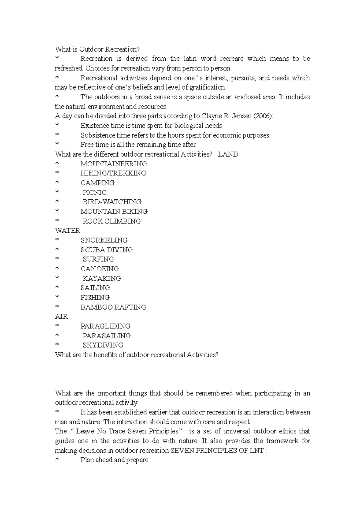 Outdoor Recreation Overview - PE Review Notes - Studocu