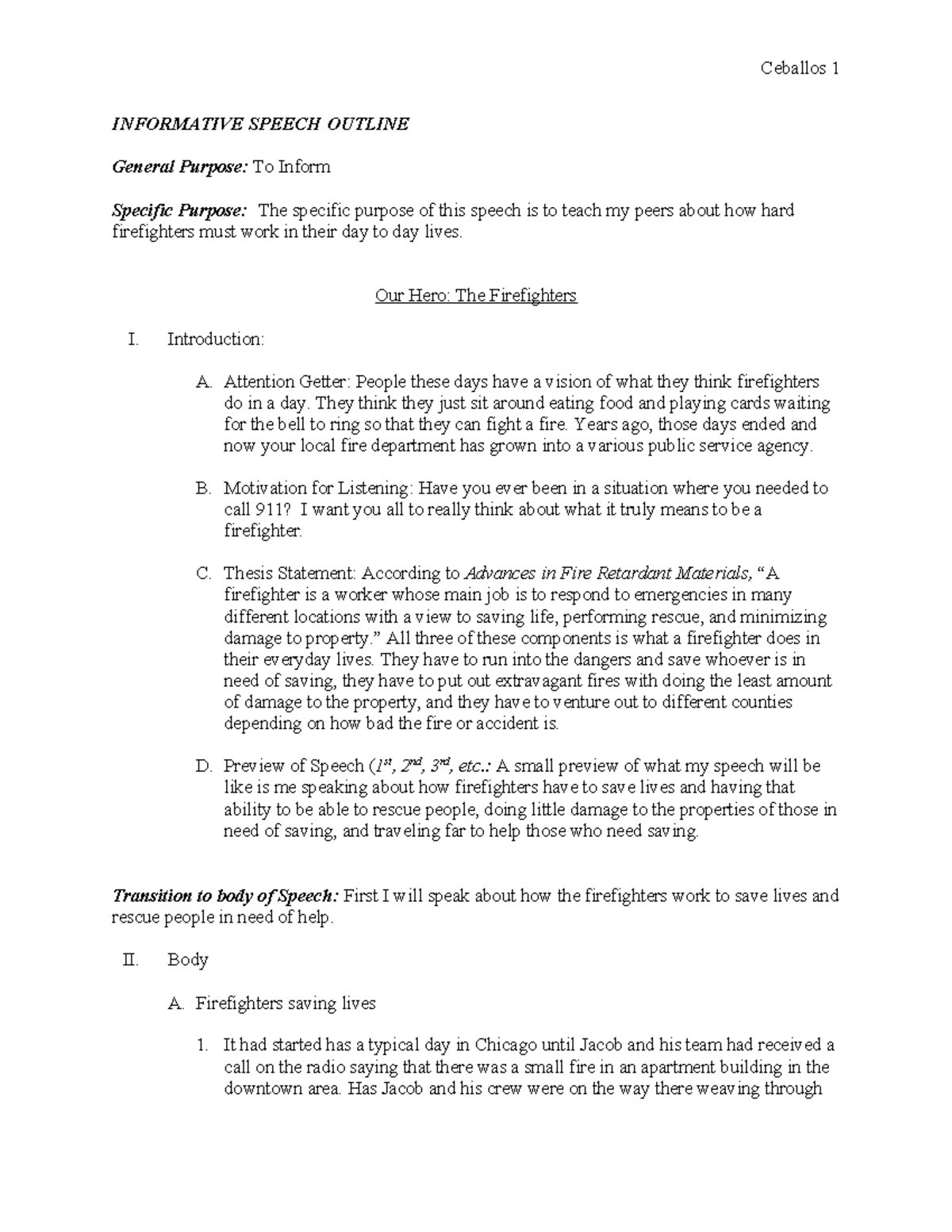 FD102: Informative Speech Outline on Firefighter Responsibilities - Studocu