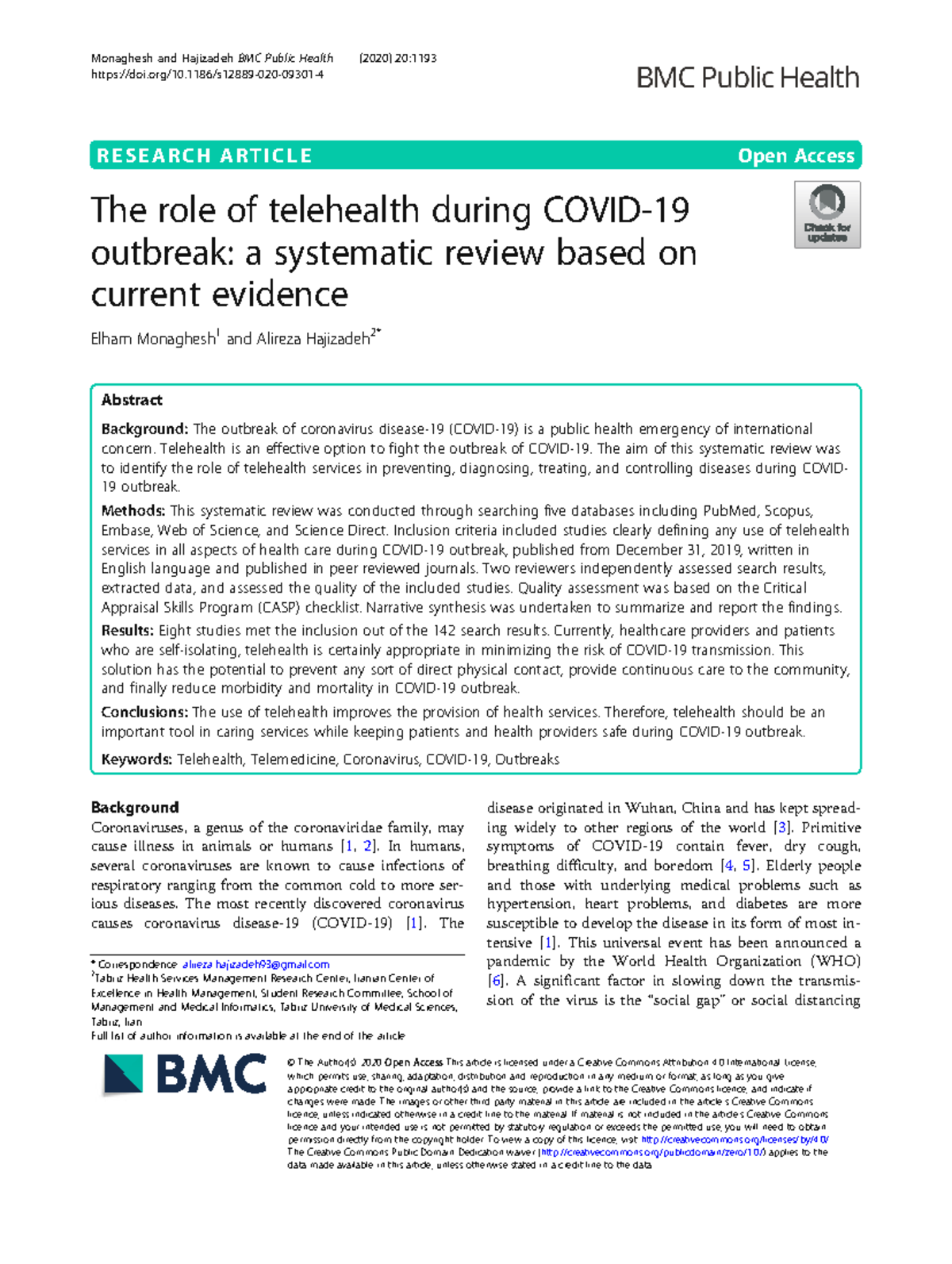 The Role of Telehealth in COVID-19 Outbreak: A Systematic Review ...