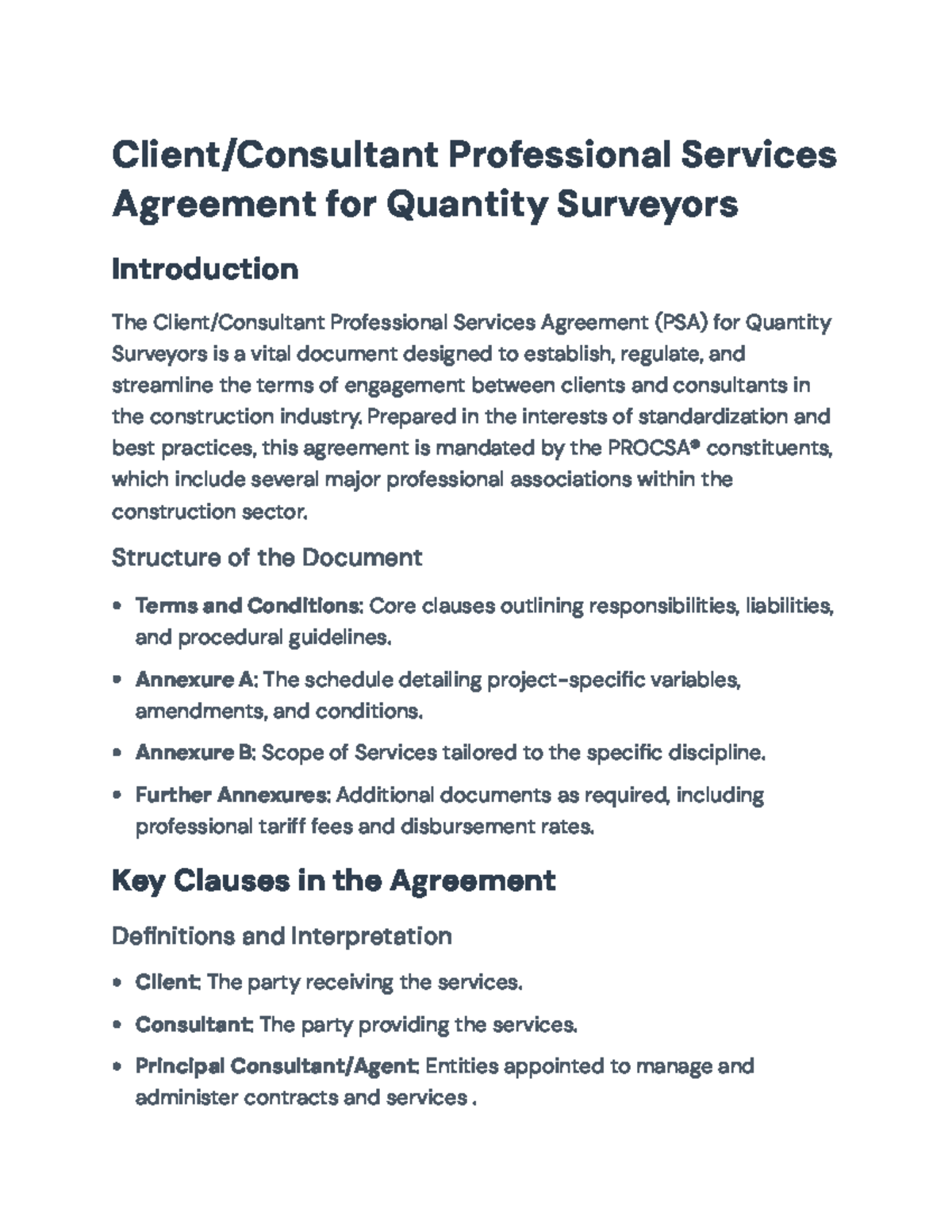 Client/Consultant PSA for Quantity Surveyors: Key Clauses & Structure ...