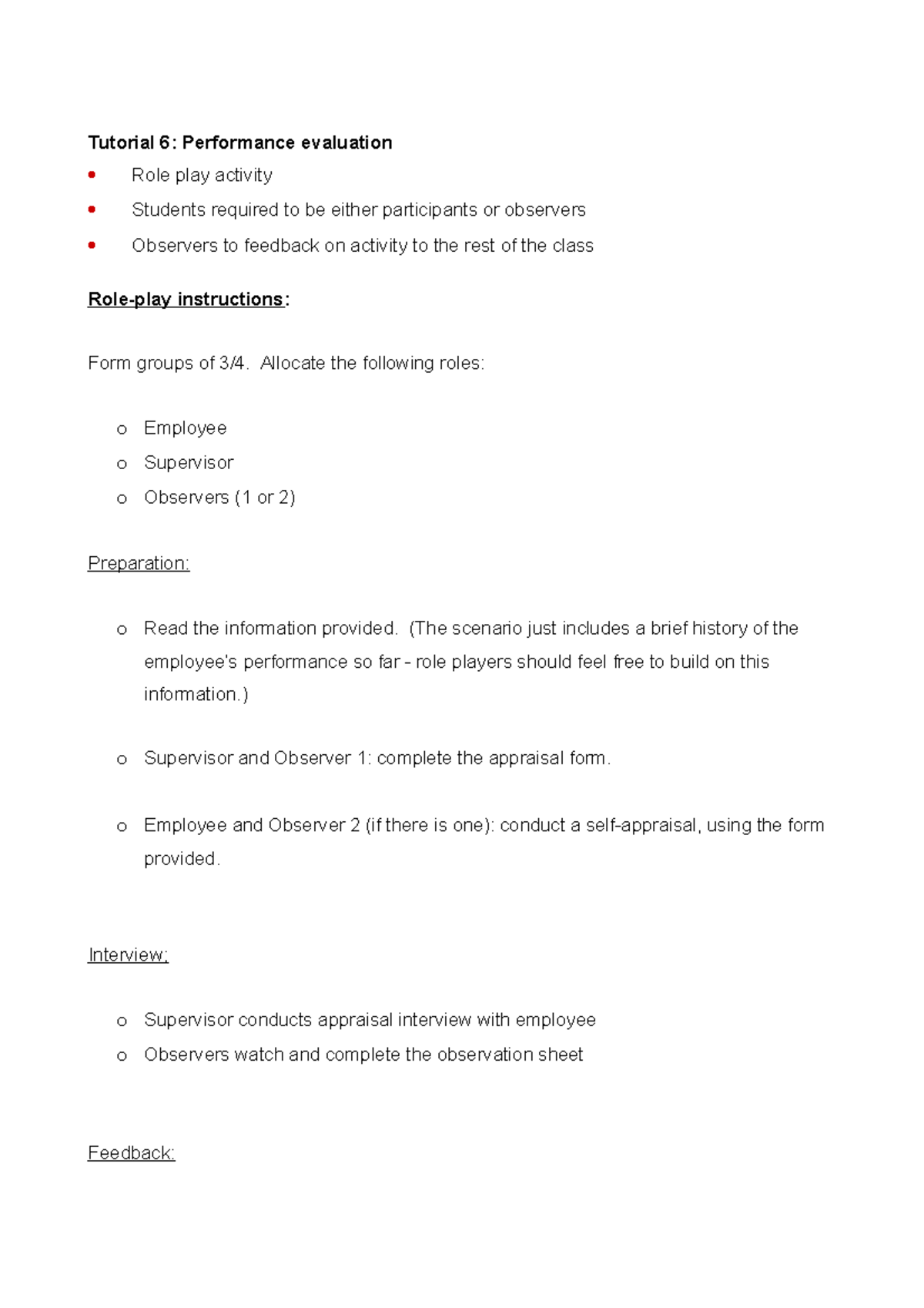 Tutorial 6 - Role Play: Performance Evaluation Activities - Studocu
