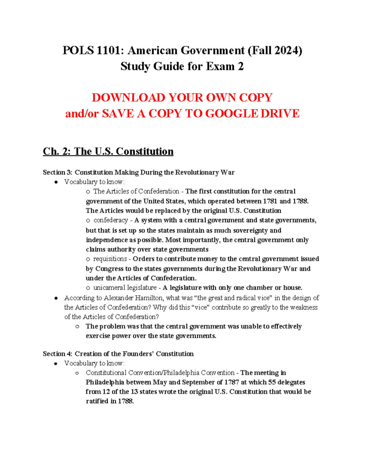 Copy of Exam 2 sg - completed study guide - POLS 1101: American ...