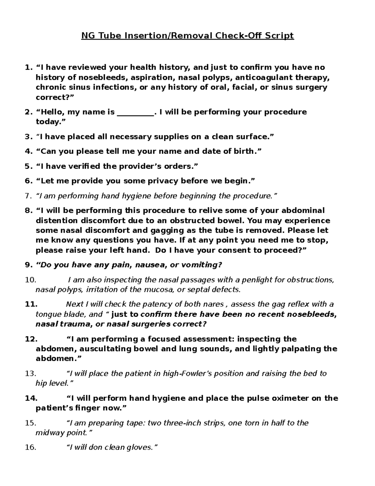 NG Tube Insertion Practice Script for Nursing Skills - Studocu