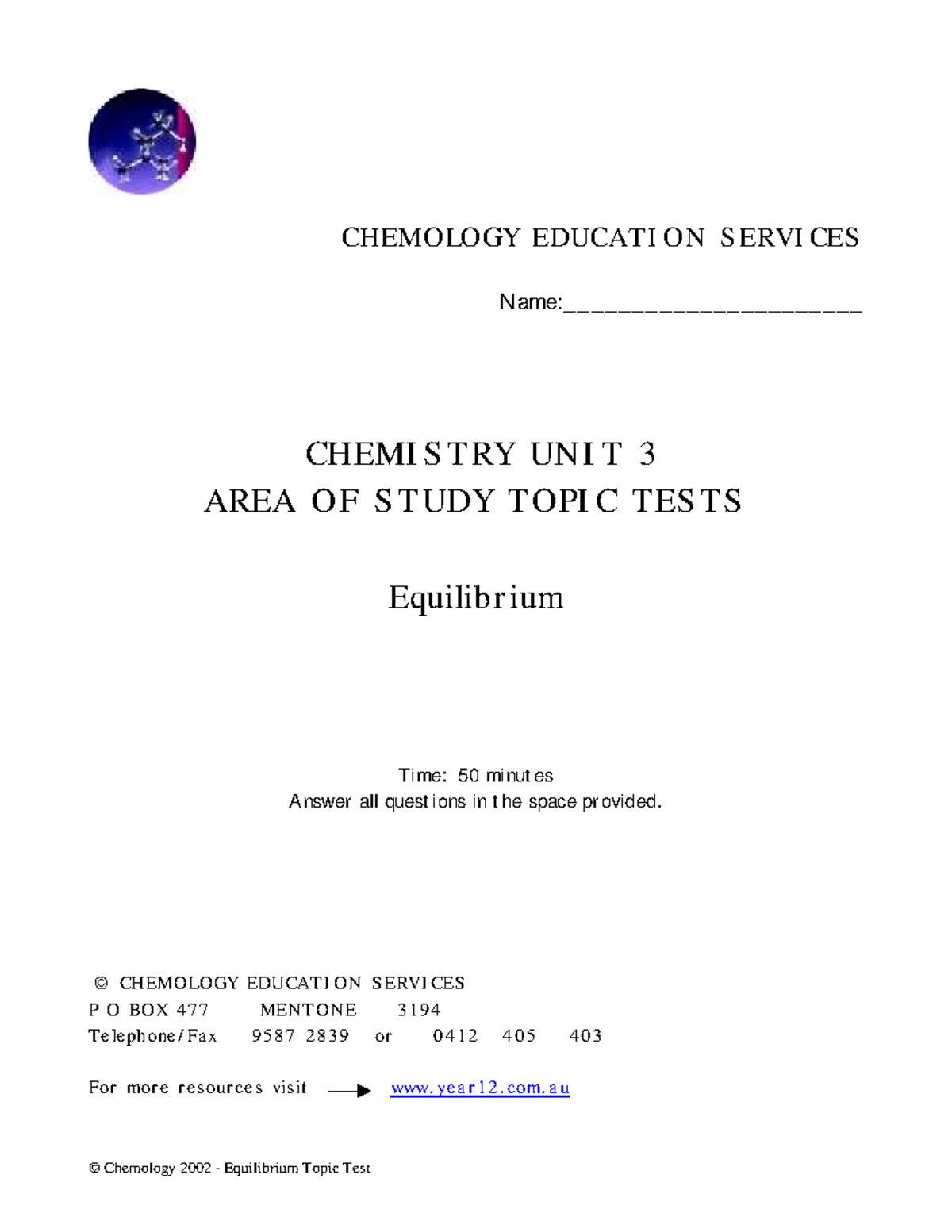 CHEM 2002 Equilibrium Unit 3 Practice Test - Studocu