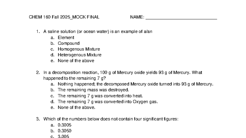 CHEM 160 Fall 2025 Mock Final Exam Review Questions - Studocu