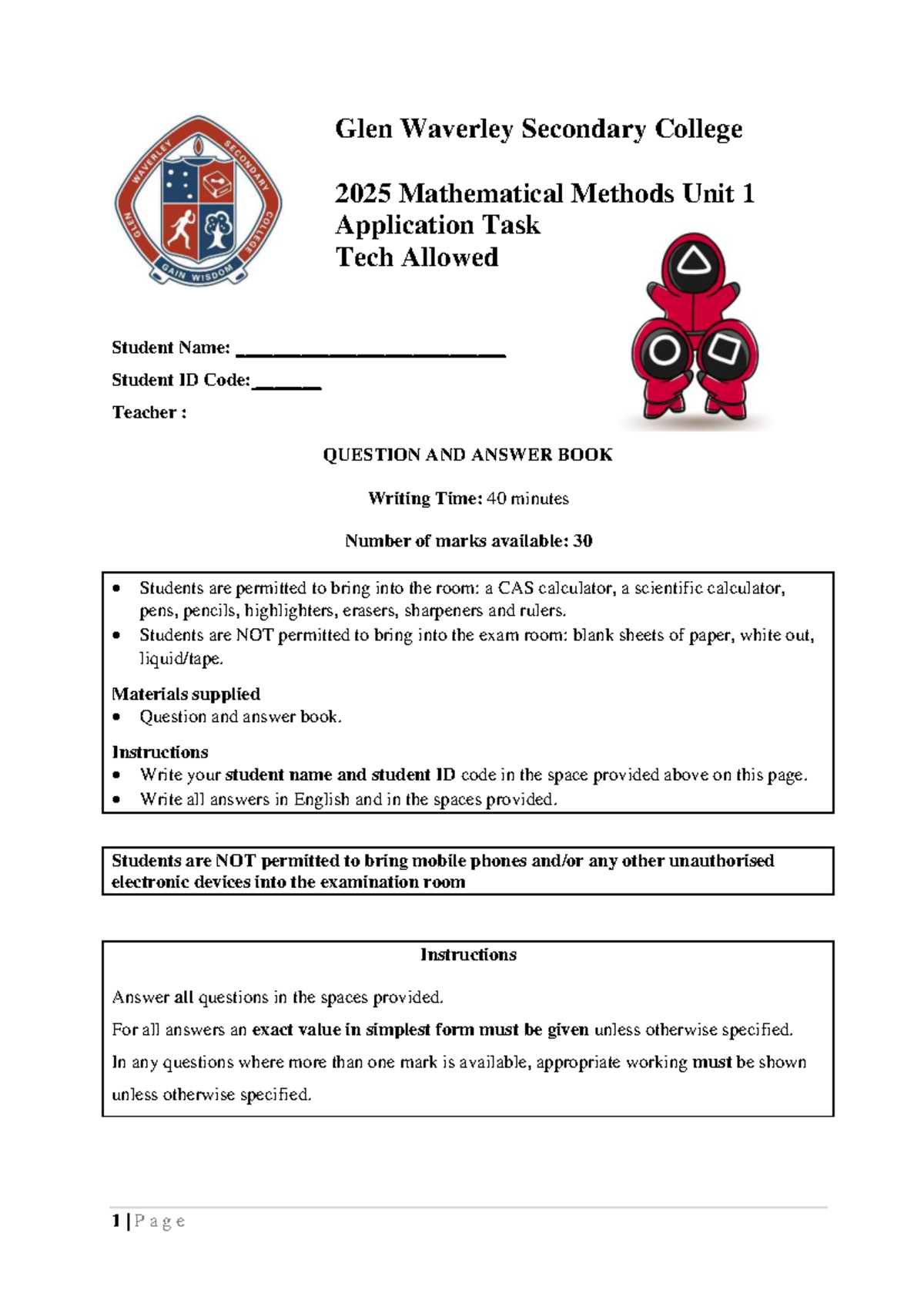 Mathematical Methods Unit 1 Application Task - Revision Pack - Studocu