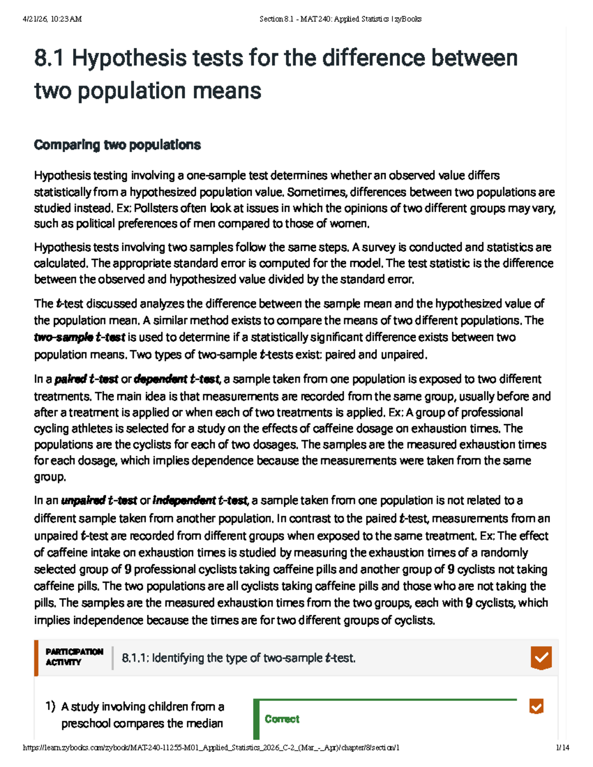 Section 8.1: Hypothesis Testing for Two Population Means - MAT 240 ...