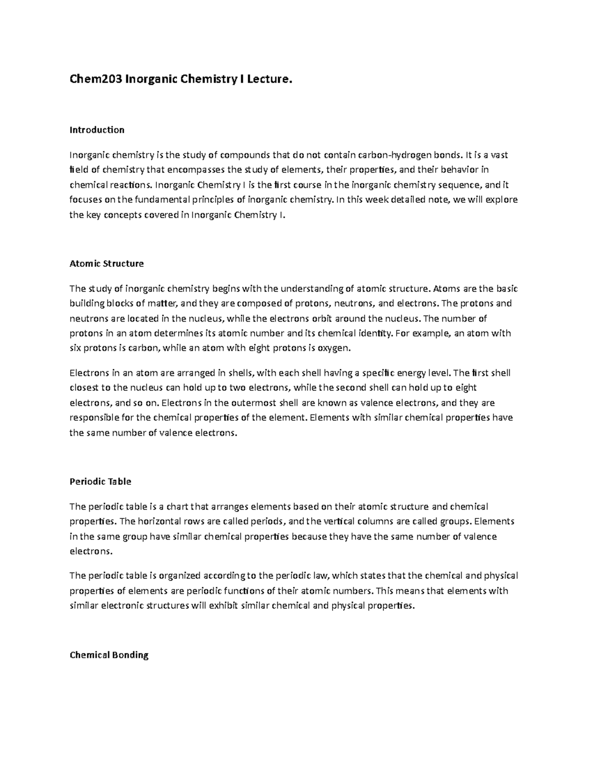 Chem203 Inorganic Chemistry I Lecture Notes: Key Concepts and ...