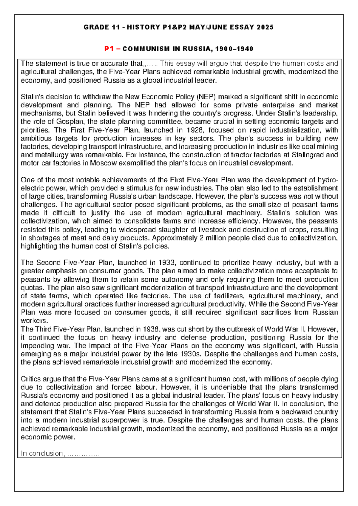 GRADE 11 HISTORY ESSAY 2025 P1 COMMUNISM IN RUSSIA AND P2 NATIONALISM ...
