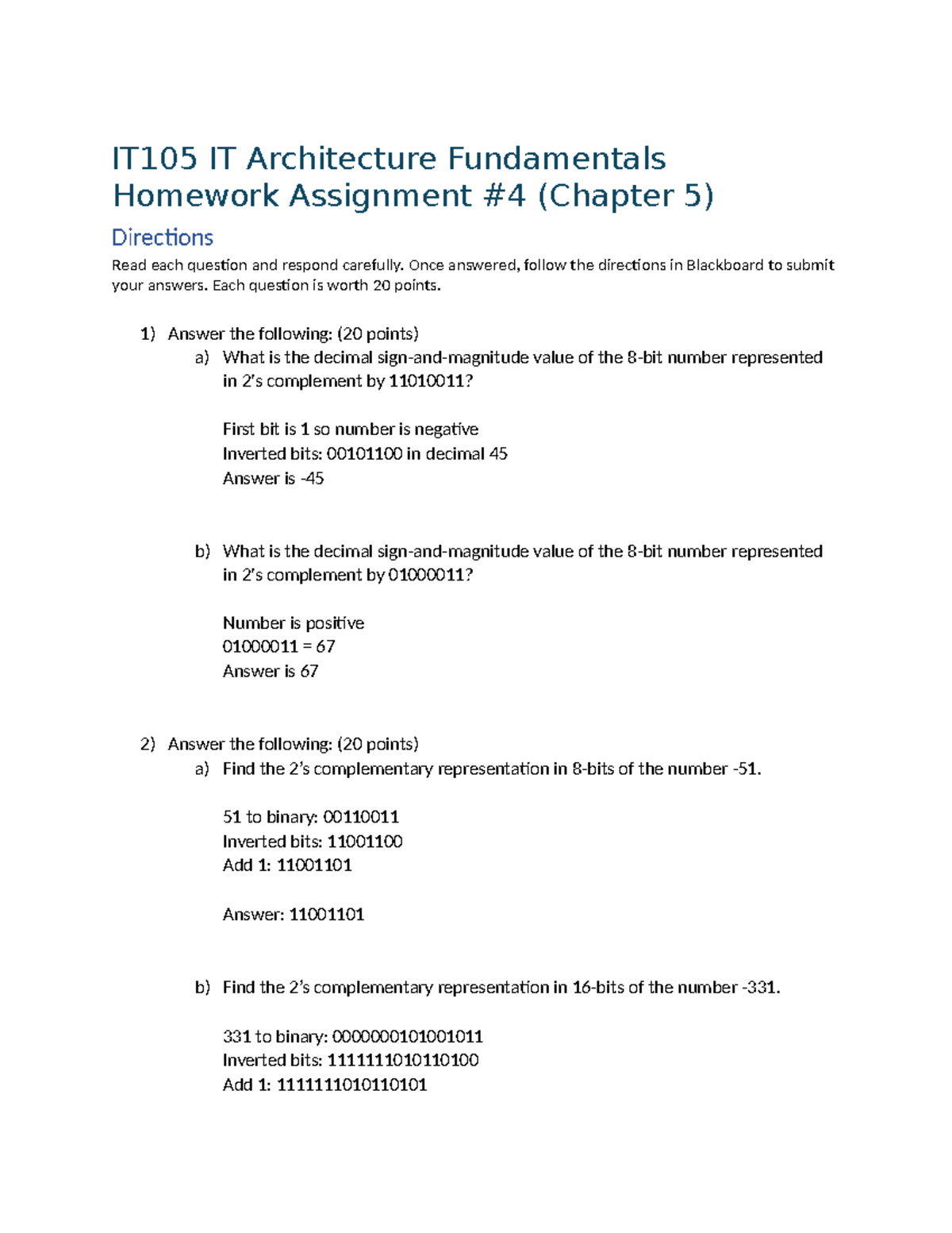 IT105 Homework Assignment #4: 2's Complement Fundamentals Analysis ...
