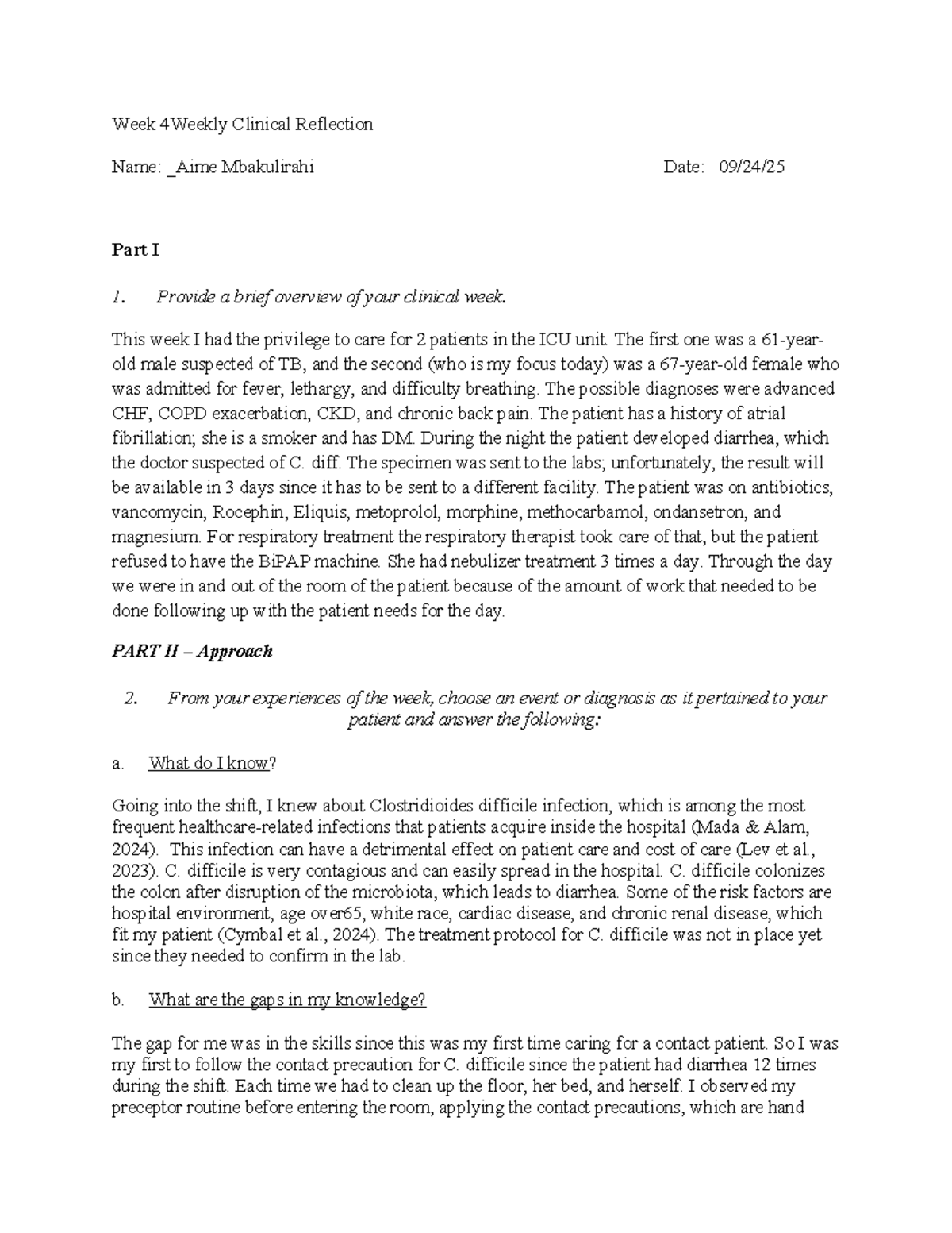 NUR 302 Week 4 Clinical Reflection: Insights on C. difficile Care - Studocu