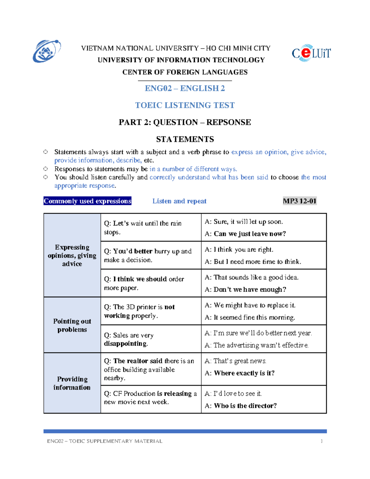 W5.Listening P 2.Statements - ENG02 – TOEIC SUPPLEMENTARY MATERIAL 1 ...