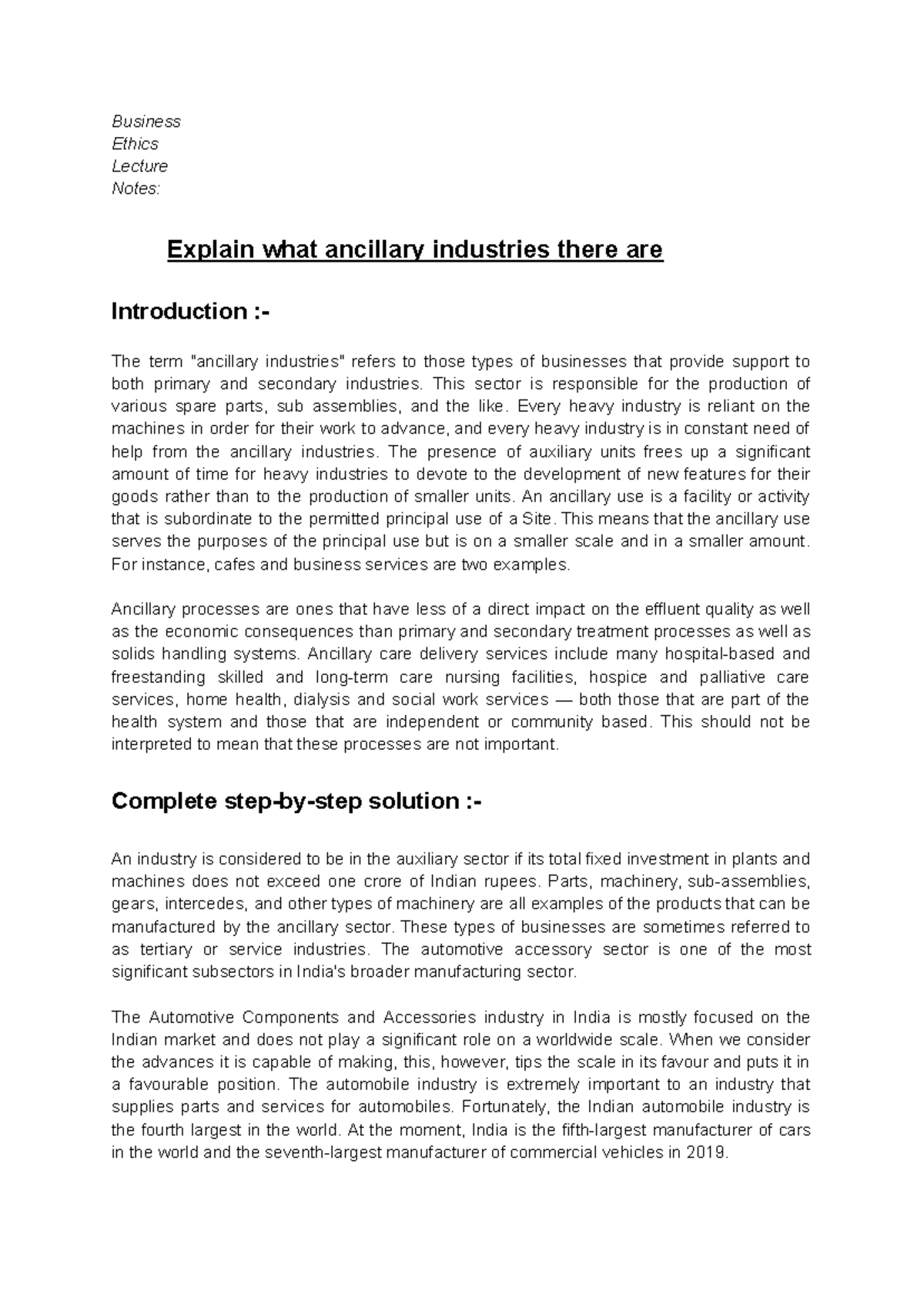 Business Ethics Lecture Notes: Understanding Ancillary Industries - Studocu