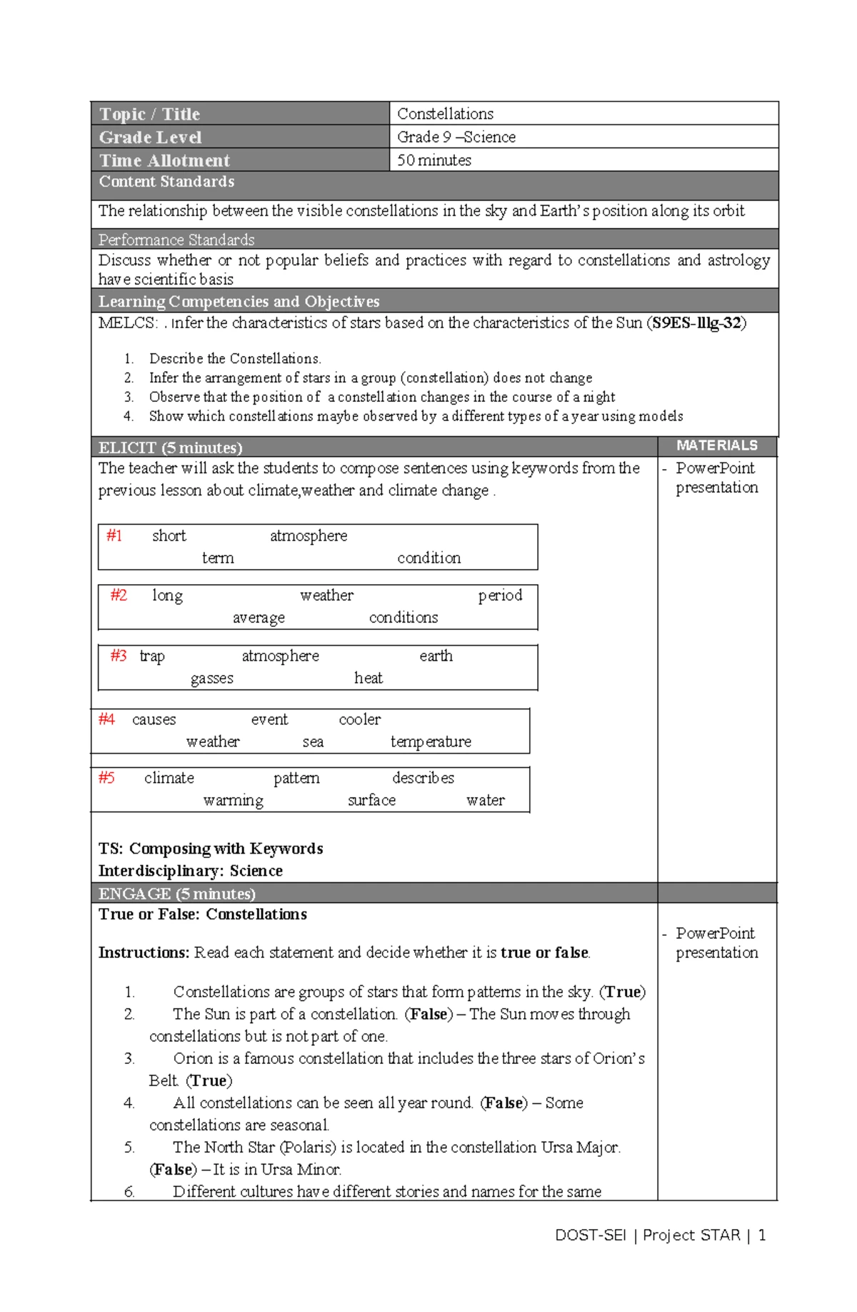 LE- Constellations - Final Exam Guide for Grade 9 Science - Studocu
