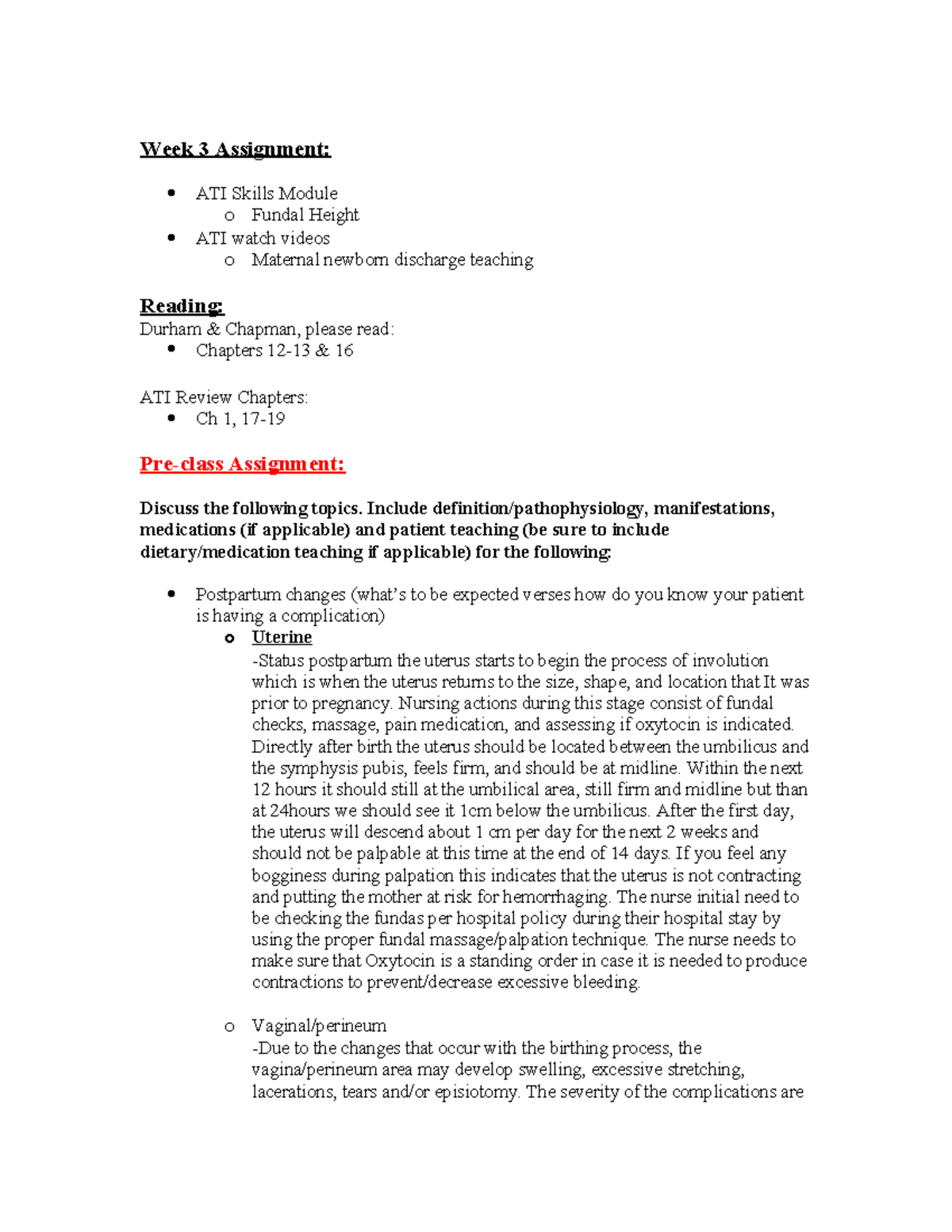 N306 Week 3 PCA - OB Lecture Notes on Postpartum Assessment - Studocu