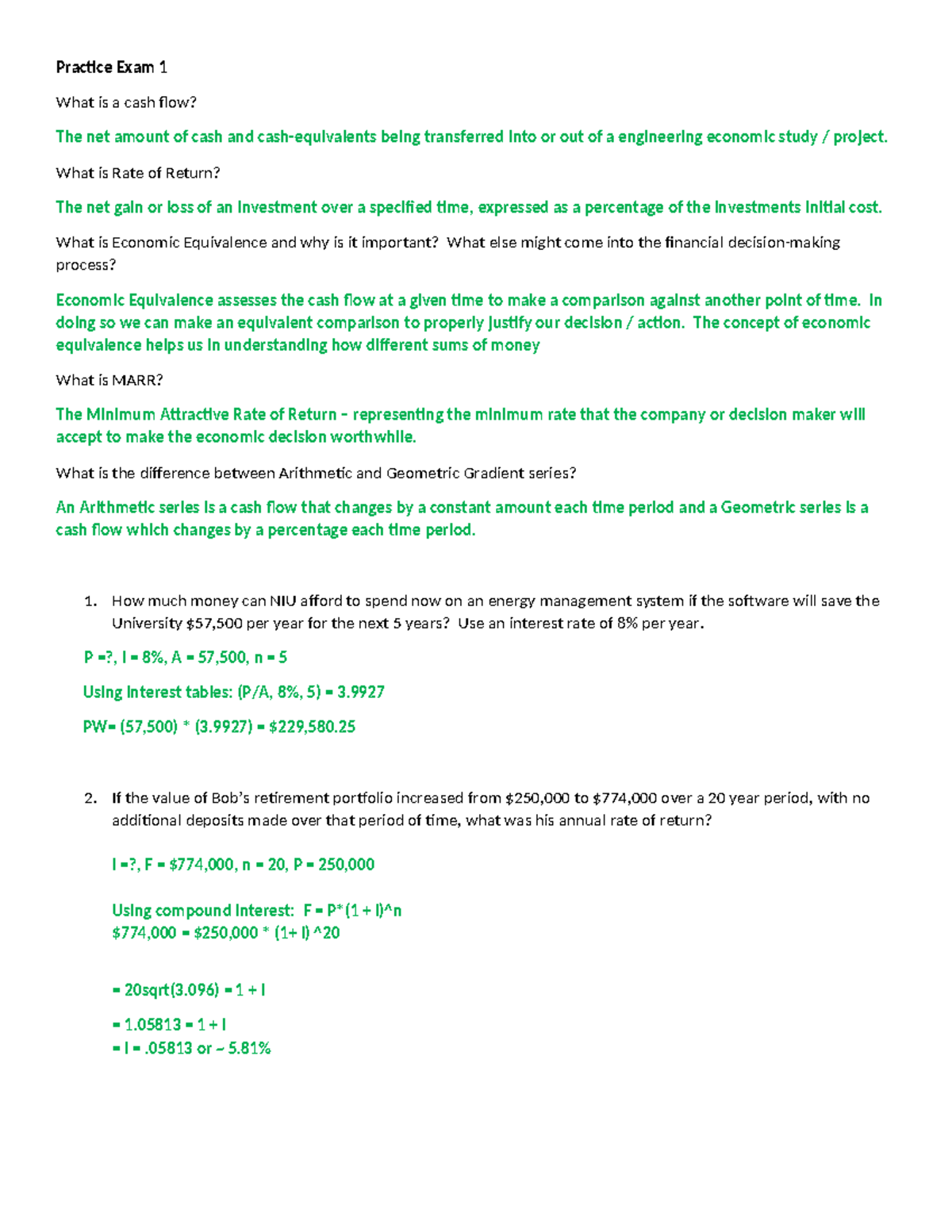 Practice Exam 1 Answer Key: Engineering Economics Concepts and ...
