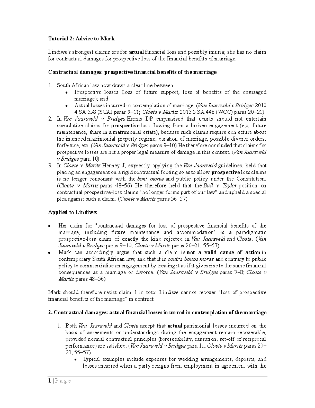 LP Tutorial 2: Legal Advice on Contractual Damages in Engagements - Studocu