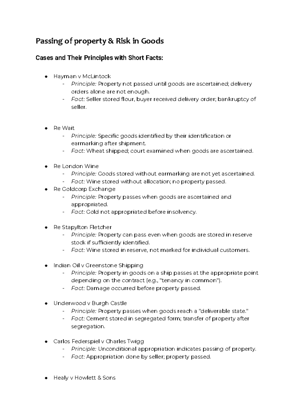 Passing of Property & Risk in Goods: Key Cases & Principles - Studocu