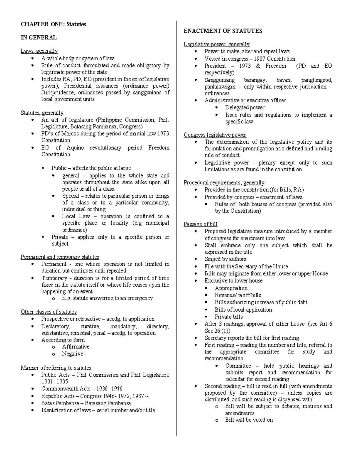 Stat Con-Agpalo Chapter Notes: Understanding Statutes & Legislative Process - Document Preview