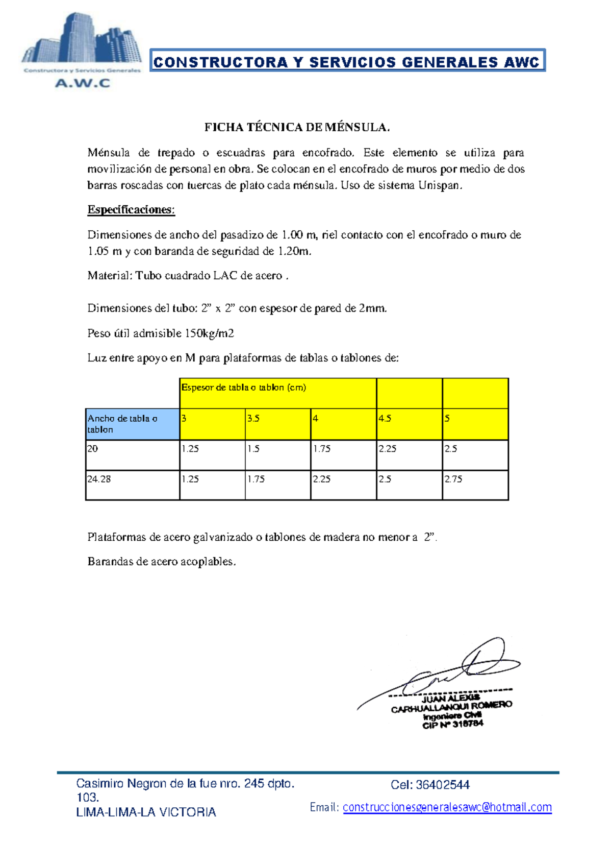 Ficha Técnica: Ménsula de Trepado para Encofrado - Accesorios AWC - Document Preview