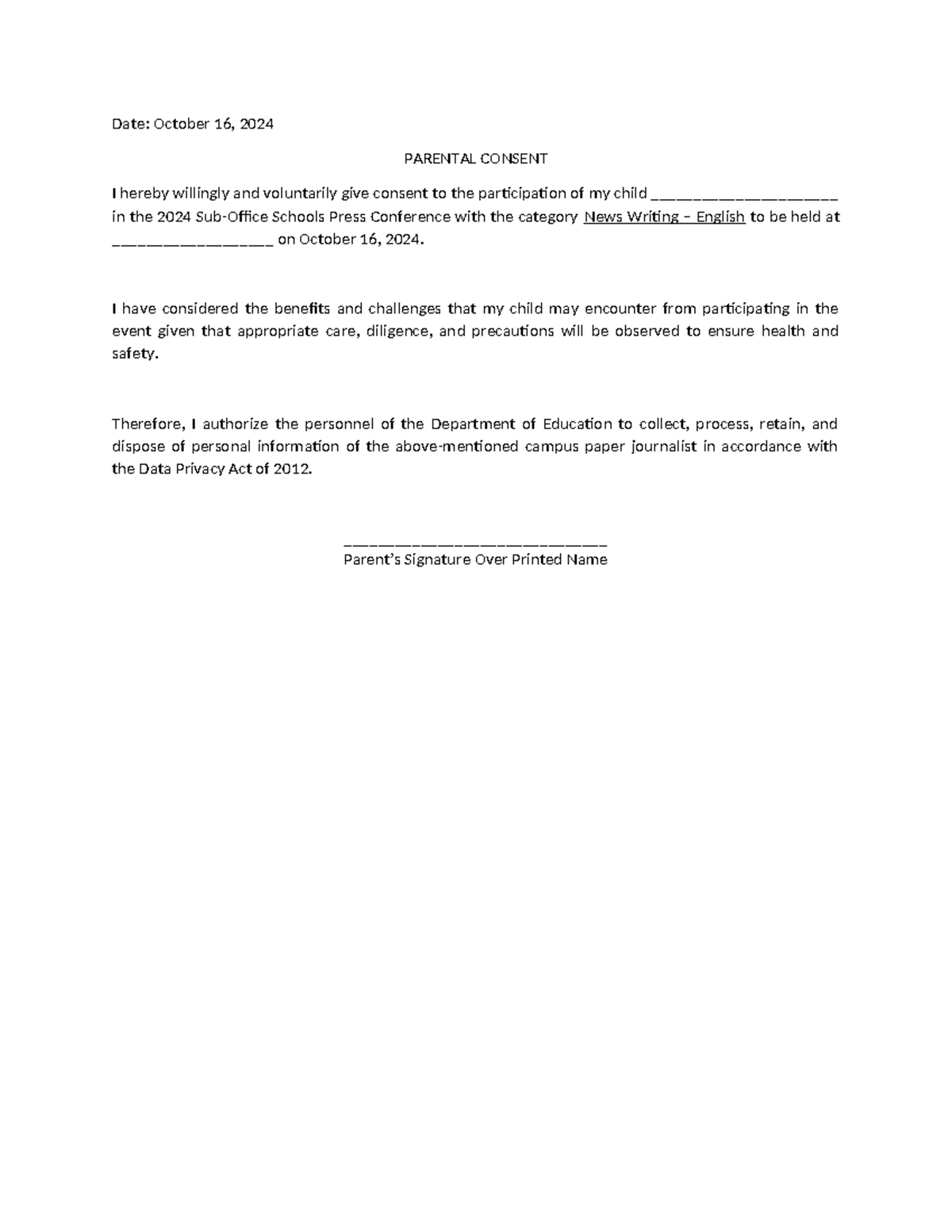Parental Consent Form for Campus Journalism Event 2024 - Studocu