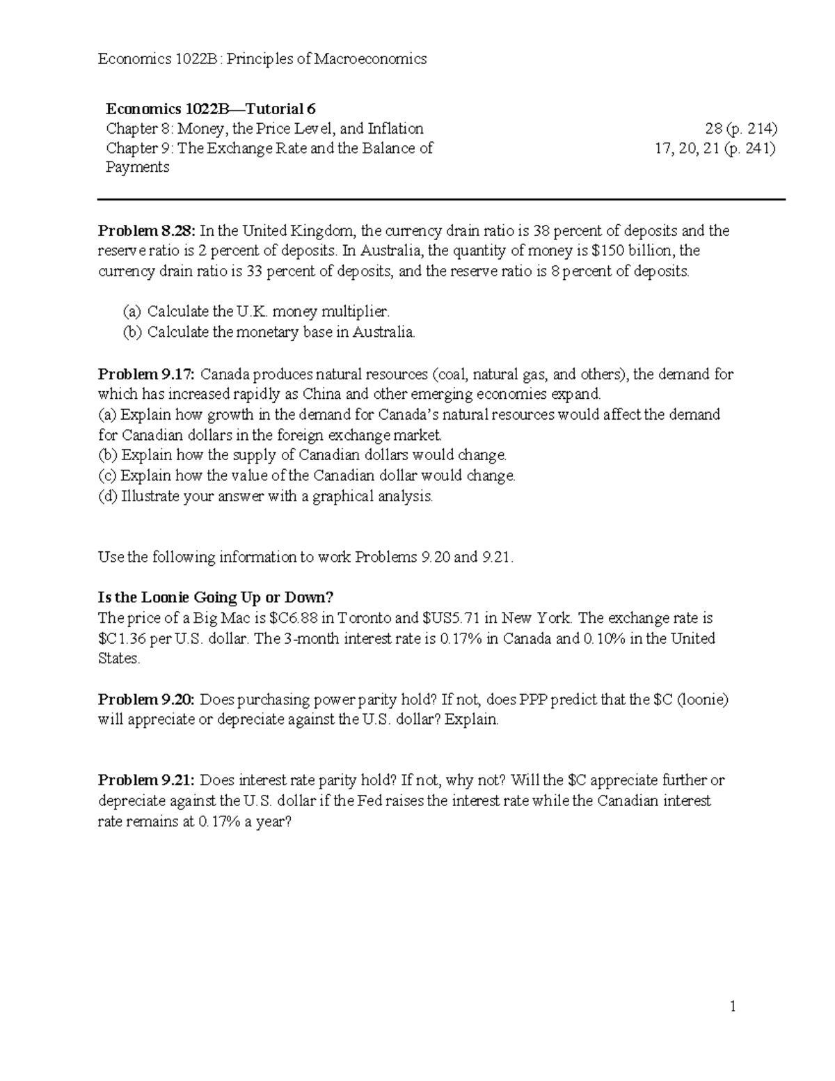 Economics 1022B: Macroeconomics Tutorial 6 Questions on Money ...