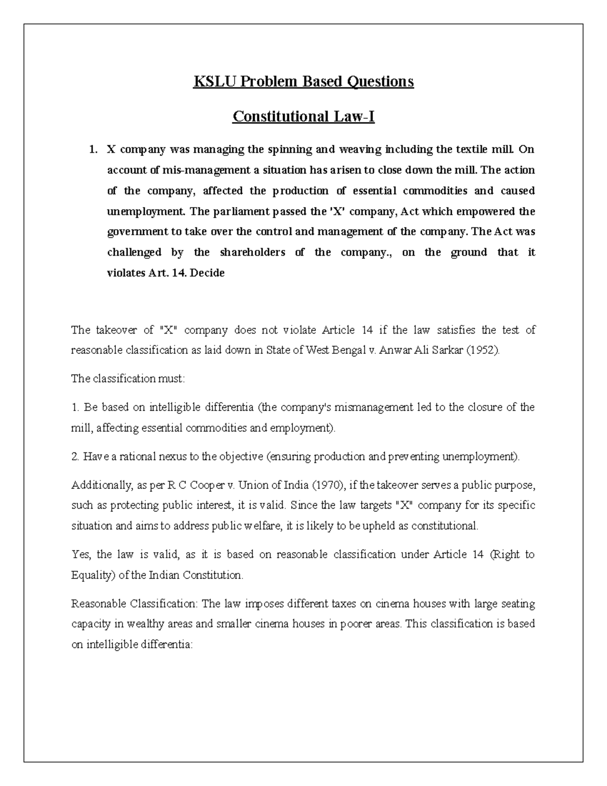KSLU Constitutional Law Problem-Based Questions and Analysis - Studocu