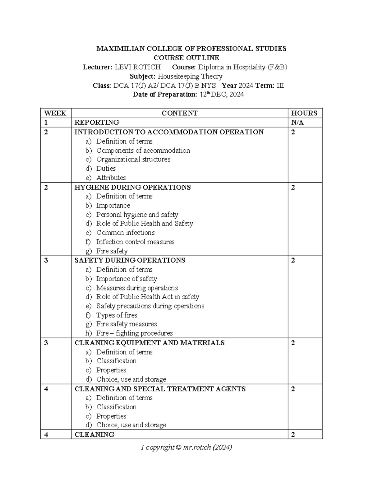 Housekeeping Theory Notes - DCA 17(J) - Diploma in Hospitality - Studocu