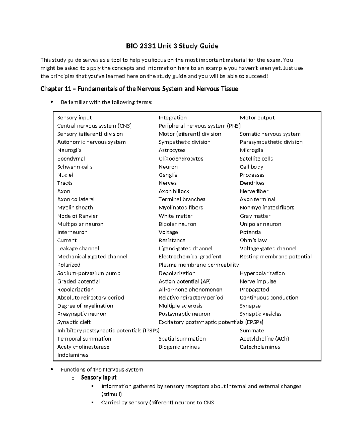 BIO 2331 Unit 3 Study Guide: Key Concepts of Nervous System Function ...