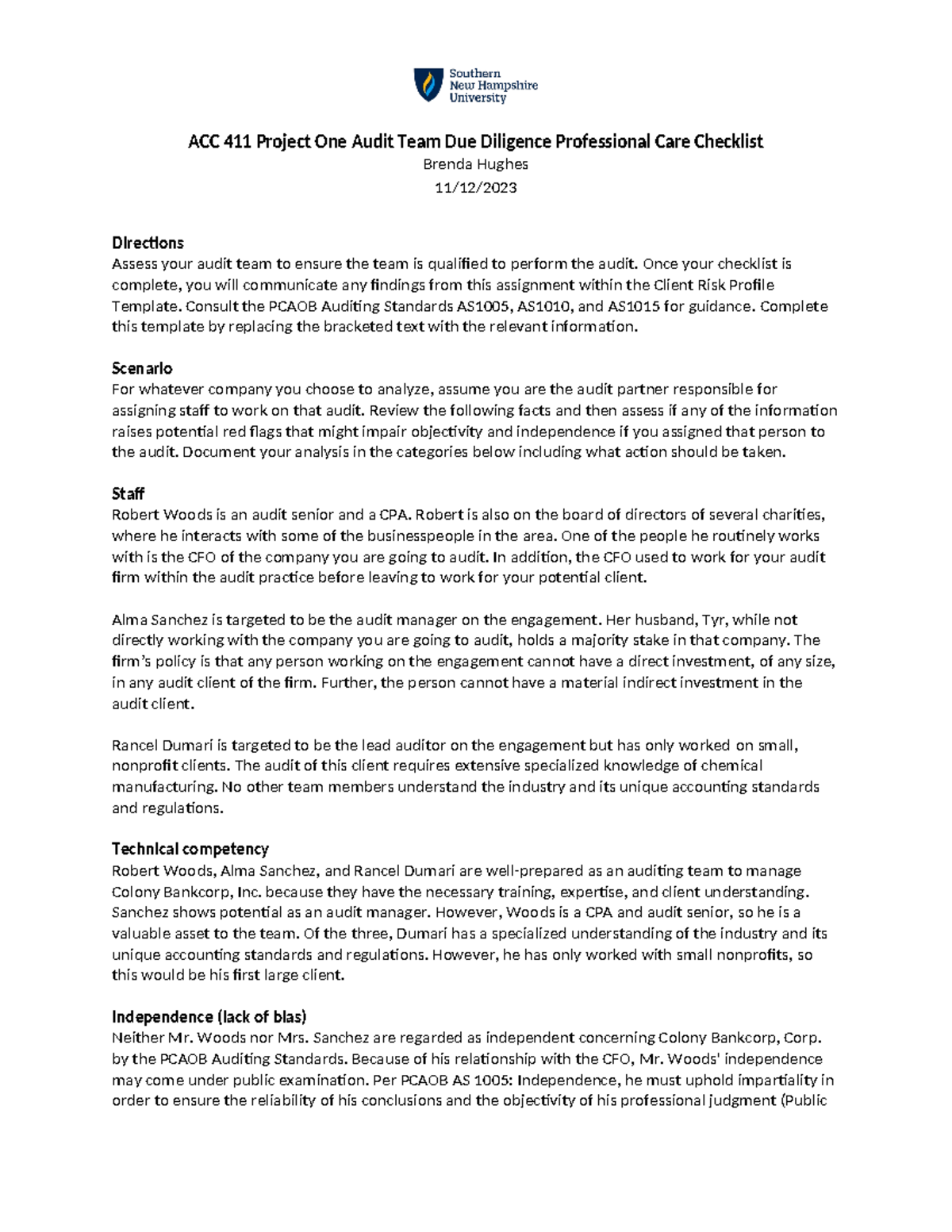 ACC 411 Project One Audit Team Due Diligence Care Checklist - Studocu