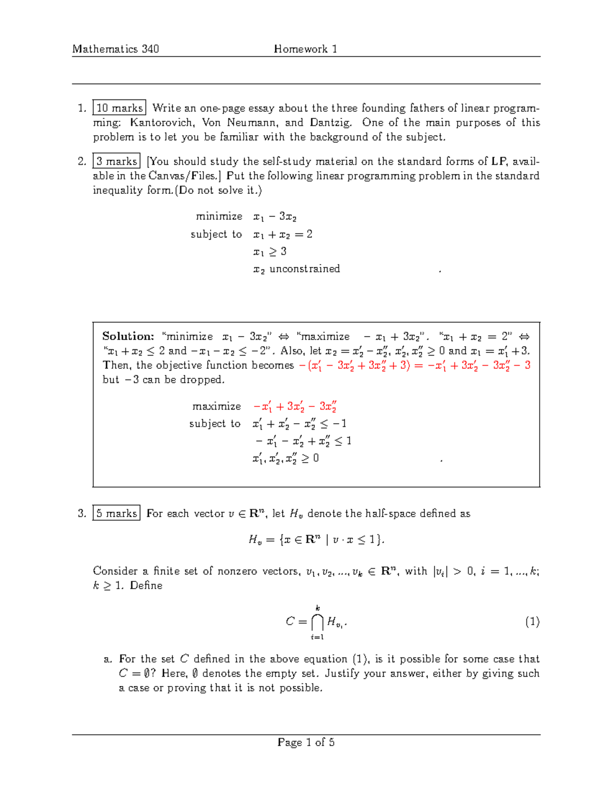 Mathematics 340 Homework 1 Solutions: Founding Fathers of LP - Studocu